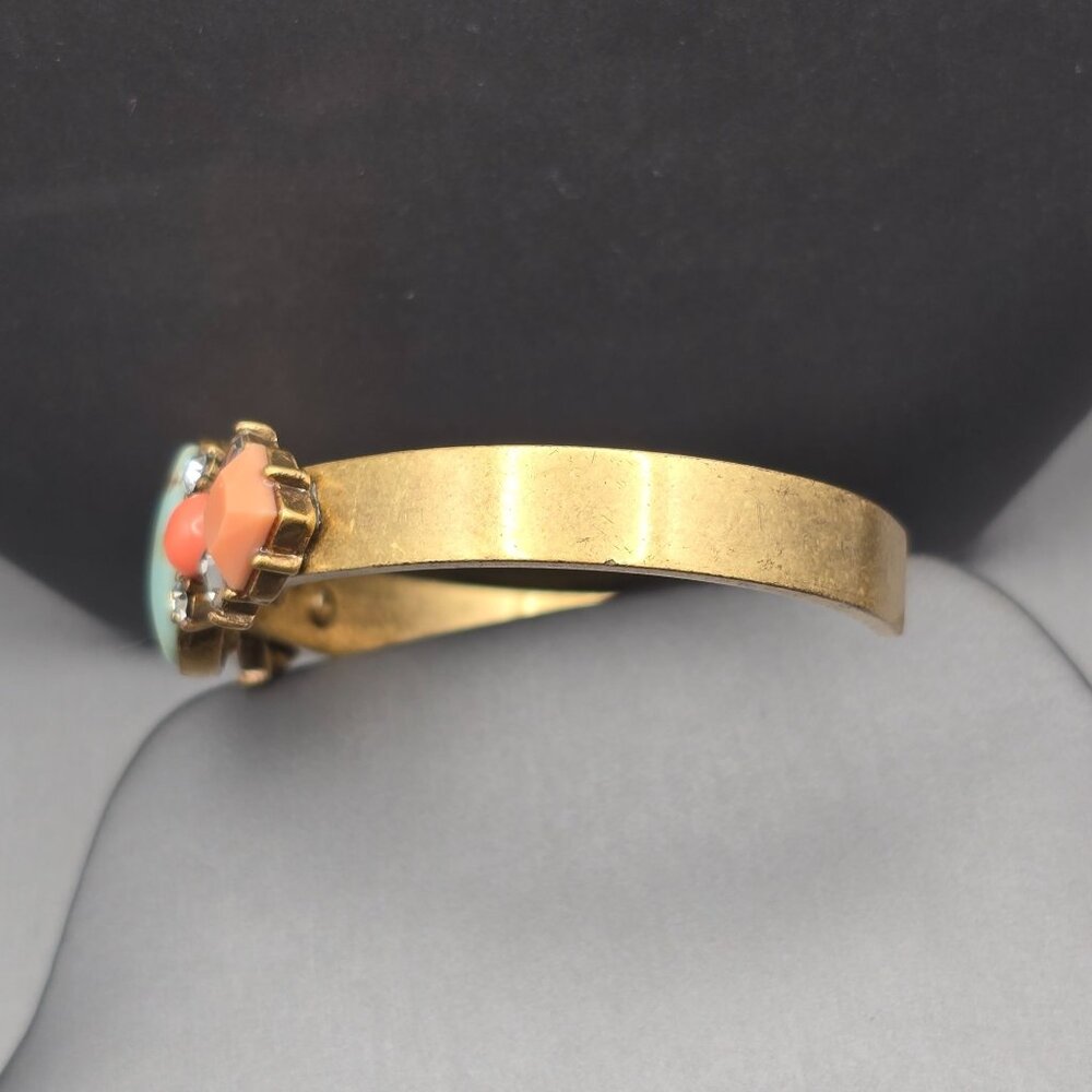 J Crew Antique Gold Tone Cuff Bracelet Faux Coral & Turquoise Stones Rhinestones - Picture 6 of 9